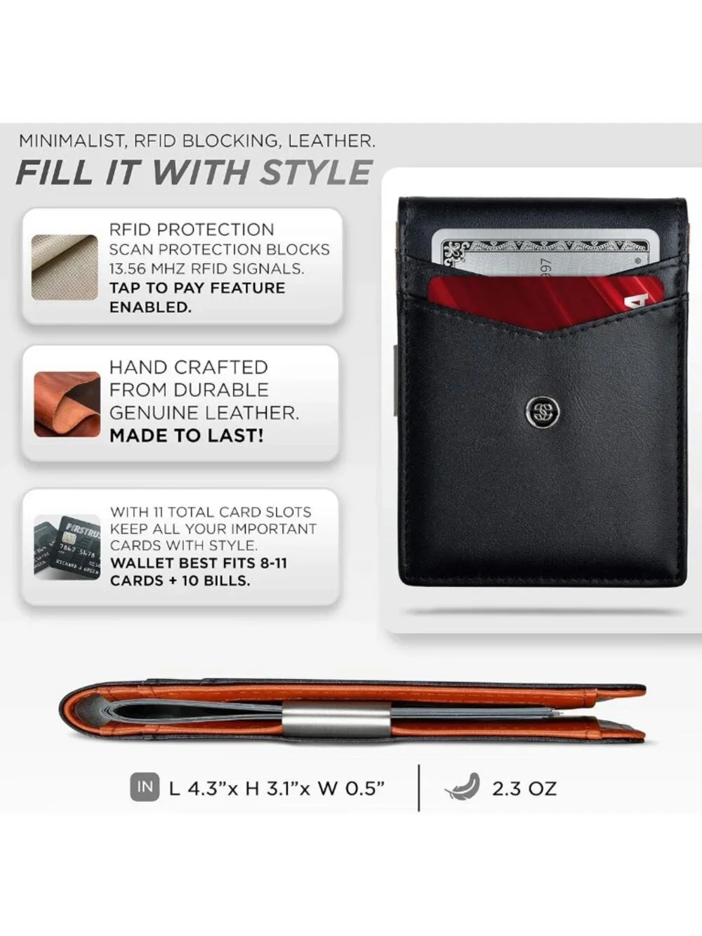 Minimalist Slim Bifold Wallet with Money Clip & ID Window, RFID Blocking